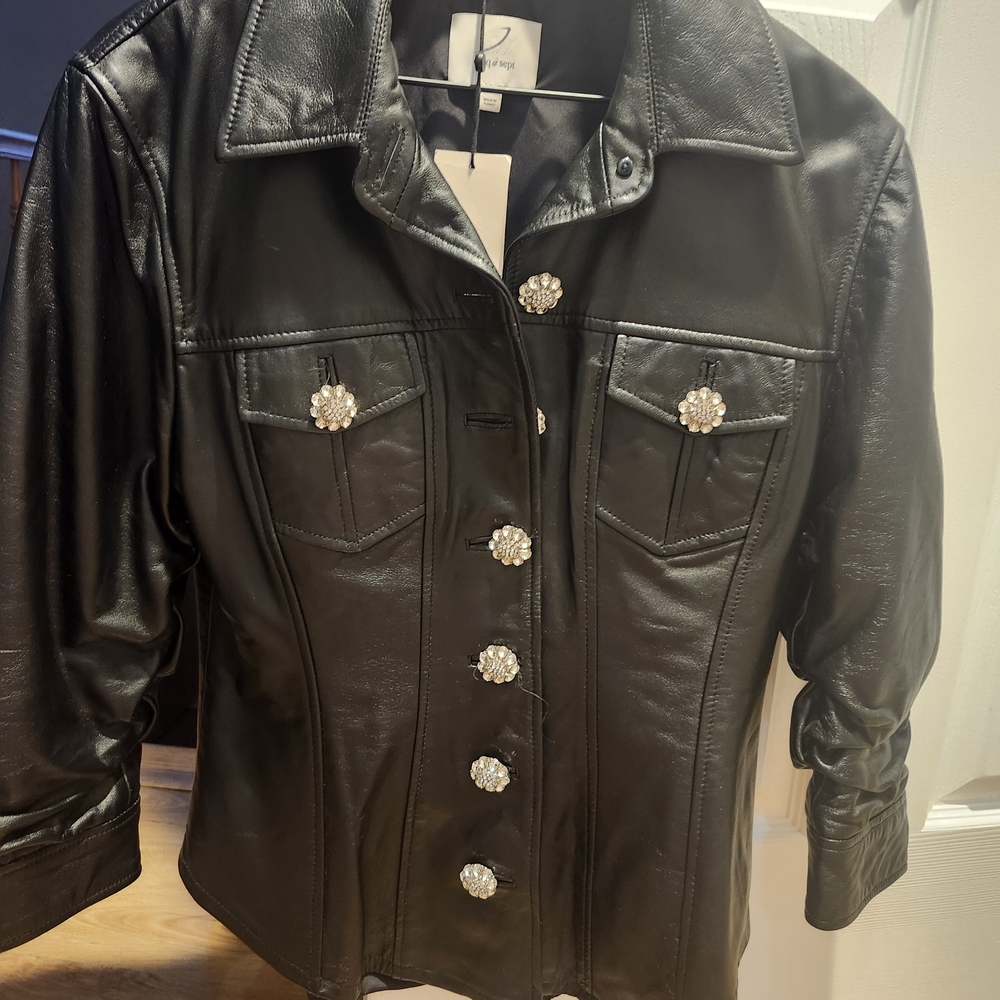 Cinq à Sept Black Leather Jacket with Floral Accents